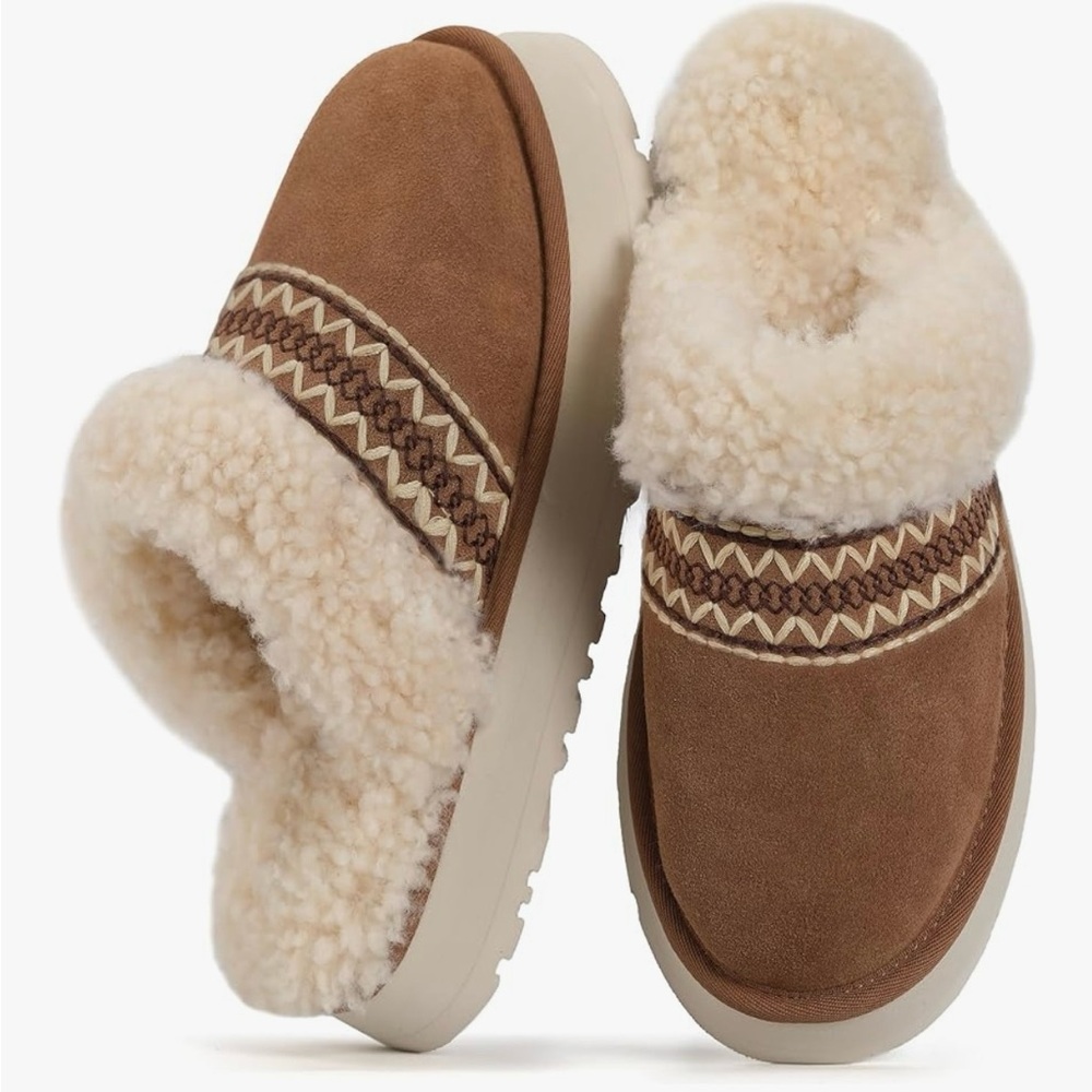 Women’s Fuzzy Winter Platform Slippers - Brown & Cream - Size 7/8